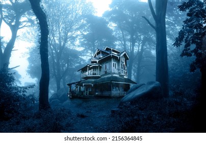 Halloween banner with haunted house. Old abandoned house in the night forest. Scary colonial cottage in mysterious forestland. Photo toned in blue color - Shutterstock ID 2156364845
