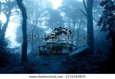 Halloween banner with haunted house. Old abandoned house in the night forest. Scary colonial cottage in mysterious forestland. Photo toned in blue color Foto d'archivio © 