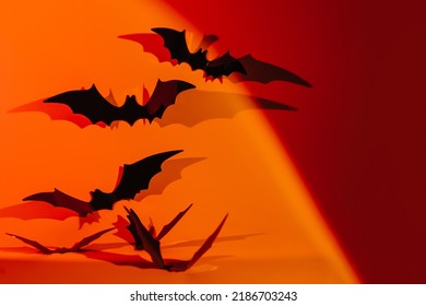Halloween black bats neon gradient background and space  Happy Halloween