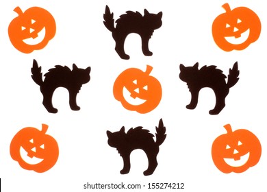 Halloween black cat and orange jack o lantern foam cut outs isolated on white