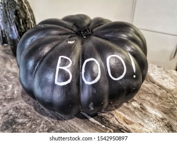 Halloween Black Color Painted Pumpkin Spider Of Sequins And Text Boo, The Exclamation That Smb. Wants To Scare