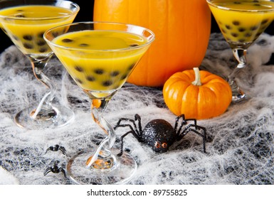 Halloween Bubble Tea With Cobwebs, Spiders And Pumpkins