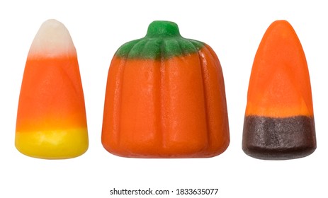 Halloween Candy. Candy Corn And Pumpkin. Trick Or Treat And Happy Halloween. Autumn Mix. White Isolated Background.