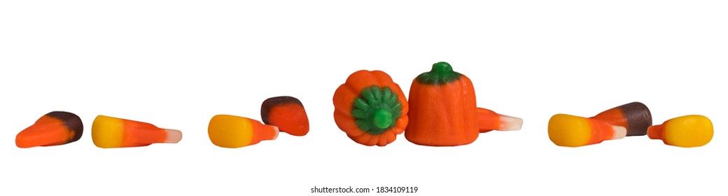 Halloween Candy. Candy Corn And Pumpkin. Trick Or Treat And Happy Halloween. Autumn Mix. White Isolated Background.