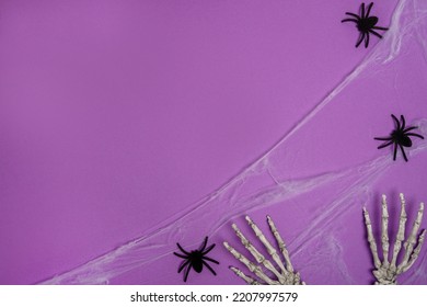 Halloween Card With Skeleton Hands And Spiders, Purple Background. Happy Halloween Banner Mockup