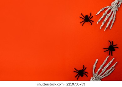 Halloween Card With Skeleton Hands And Spiders, Red Background. Happy Halloween Banner Mockup