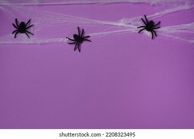 Halloween Card With Spiders, Purple Background. Happy Halloween Banner Mockup