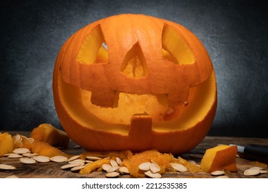 Halloween Carved Pumpkin Lantern. Creative Pumpkin Decorating Ideas, Scary Spooky Jack-o'-lantern Carving Cut Out.