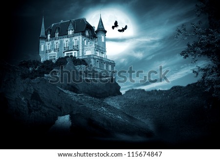 halloween castle with moon, night