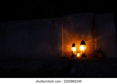 Halloween Cemetery Warm Light From Tomb Lamp Fire Stone Object Soft Focus Wallpaper Copy Space Place