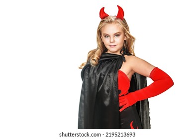 Halloween characters. Pretty blonde girl child in an imp costume smiling cheerfully on a white background. Studio portrait. Copy space. - Shutterstock ID 2195213693