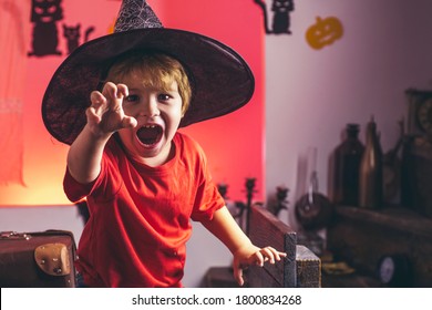 Halloween Child. Kids Scary Hallowen Concept. Kid Horror Faces. Expression Face - Surprised Cute Boy