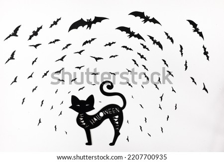 Halloween composition with black carved cat and flying bats on the white paper background. 