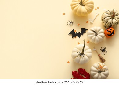 Halloween composition with fresh pumpkins and decorations on color background - Powered by Shutterstock