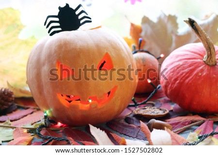 Halloween composition of jack o' lantern, pumpkins, illumination, mystical decor on the background of a window and autumn leaves, seasonal holidays