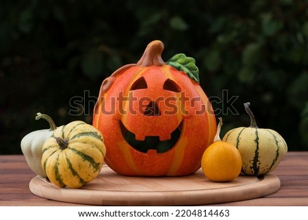 Halloween composition with Jack-o-latern and decorative pumpkins against blurred background. Selective focus