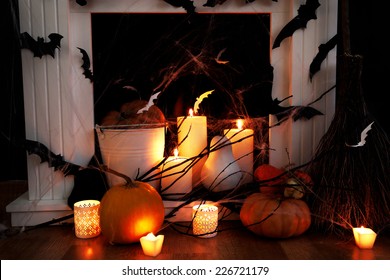 Halloween Composition On Fireplace Closeup