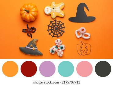 Halloween Composition With Tasty Treats On Orange Background. Different Color Patterns