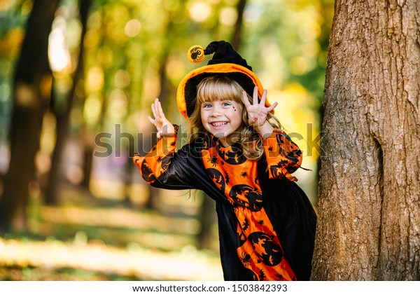 Halloween Concept Cute Little Witch Hiding Stock Photo 1503842393 ...