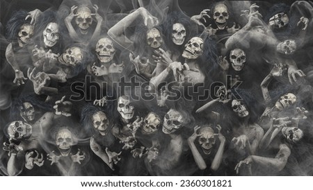 Halloween concept of many hell ghosts and demons together in hell with cover by the misty fog