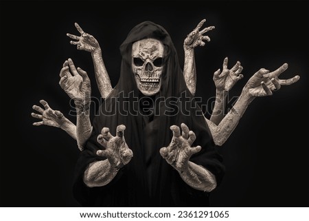 Halloween concept of portrait of grim reaper with 8 hands isolated on dark background