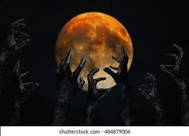 Halloween concept, zombie hand coming out of the full moon