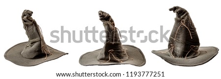 Halloween costume and decoration, magic spell and sorcery concept with multiple angle hats of a witch or wizard isolated on white background with a clip path cutout