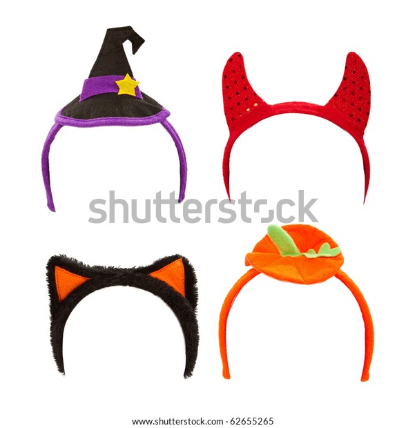 Halloween costume headbands including a\
witch hat, devil horns, cat ears and a pumpkin\
top