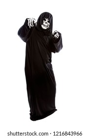 Halloween Costume Of A Skeleton Grim Reaper Wearing A Black Robe On A White Background Pointing Forward