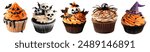 Halloween Cupcake muffin with icing frosting topping of witch hat, Jack O Lantern, spider, skull on cutout file. Many assorted different flavour. Mockup template for artwork design