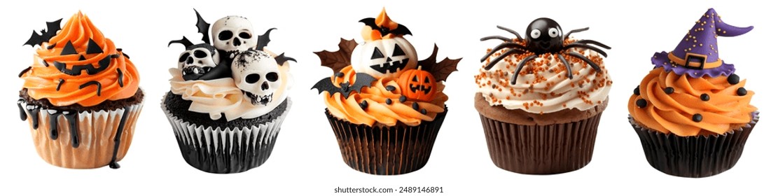 Halloween Cupcake muffin with icing frosting topping of witch hat, Jack O Lantern, spider, skull on cutout file. Many assorted different flavour. Mockup template for artwork design - Powered by Shutterstock