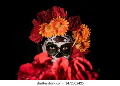 Large Orange Blue Rose Flower Headband Halloween Day of the Dead Sugar Skull 646