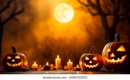 Halloween day illustration background with pumpkins and candles on haunted bokeh background. Premium illustration for banners, posters, greetings and Halloween celebrations. - Powered by Shutterstock