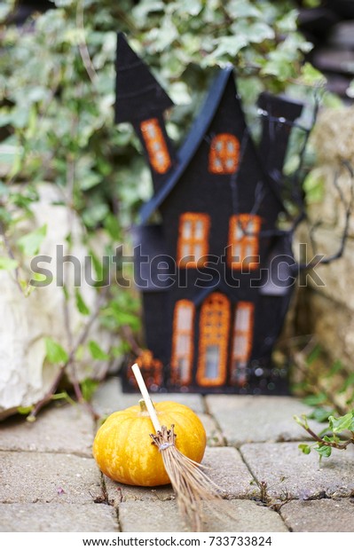 Halloween Decoration Haunted House Pumpkin Broomstick Stock Photo