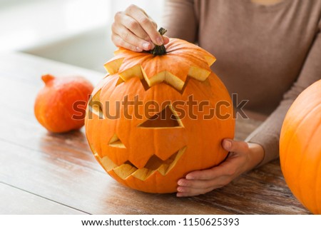 Similar – Foto Bild Spooky carved halloween pumpkin and scary mystery fire ghosts