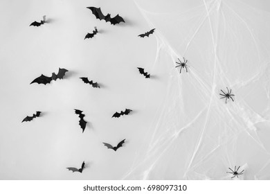 halloween, decoration and scary concept - black flying bats and spiders on web over white background - Powered by Shutterstock