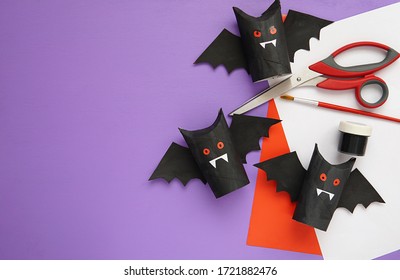 Halloween Decoration From Toilet Paper Roll, Handmade Vampire Bats, Easy Paper Crafts For Kids.    