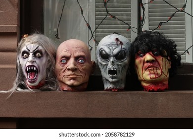 Halloween Decorations Consisting Of A Row Of Severed Heads. 