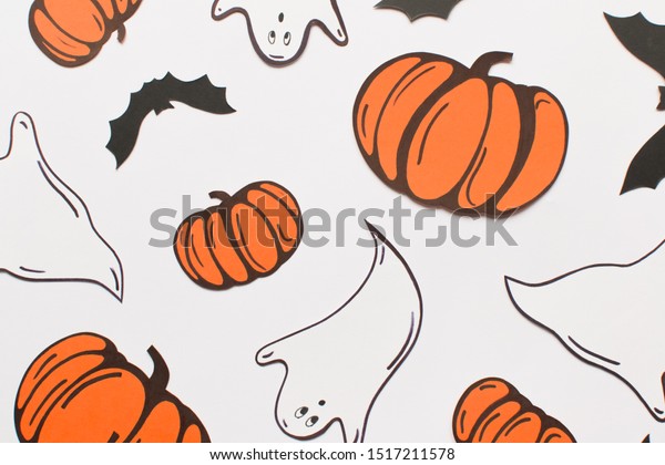 Halloween Decorations Paper Pumpkins Bats Candles Stock Photo