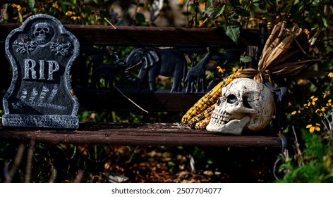 Halloween decorations. Halloween pumpkin and skeleton for decorated house. Scary Decorated at front yard of a American home. Trick or treat. Halloween background. Autumn holiday of Halloween. - Powered by Shutterstock