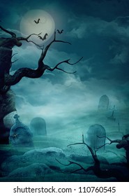 Halloween Design Background With Spooky Graveyard, Naked Trees, Graves And Bats And Copyspace