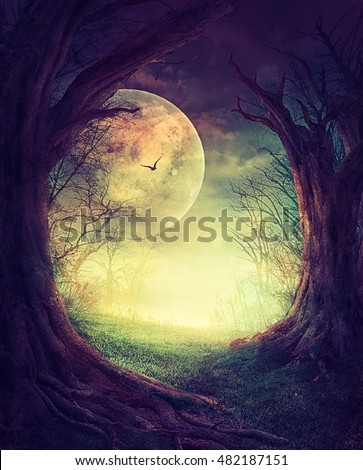 Halloween design. Festive background with autumn valley with woods, spooky tree and full moon. Space for your Halloween holiday text.
