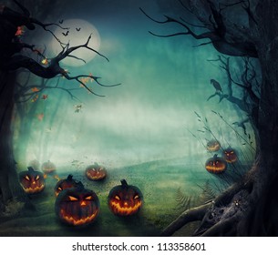 Halloween design    Forest pumpkins  Horror background and autumn valley and woods  spooky tree  pumpkins   spider web  Space for your Halloween holiday text 