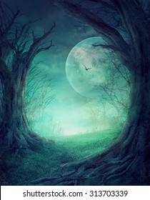 Halloween design - Spooky tree. Horror background with autumn valley with woods, spooky tree and full moon. Space for your Halloween holiday text.
