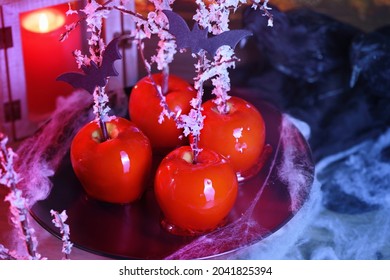 Halloween Dessert. Poisoned Blood Caramelized Glazed Candy Apple. Snow White Poison Lollipops. 