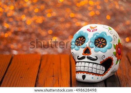 Halloween Dia De Los Muertos  Celebration Background With Sugar Skull. Selective Focus With Copy Space.