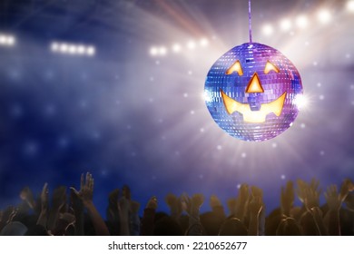 Halloween Disco Party In A Night Club. Glowing Jack Lantern Disco Ball. Group Of Friends Dancing And Celebrating Holiday. Crowd At Fun Celebration. Dance Party Invitation.