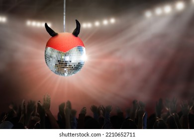 Halloween Disco Party In A Night Club. Glowing Evil Lantern Disco Ball. Group Of Friends Dancing And Celebrating Holiday. Crowd At Fun Celebration. Dance Party Invitation.