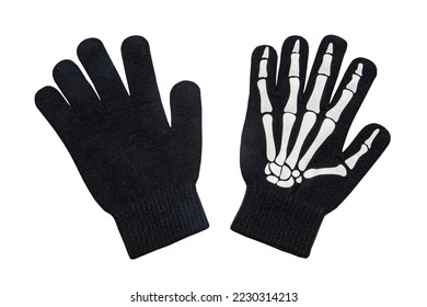 Halloween equipment  Close  up pair skeleton gloves isolated white background 