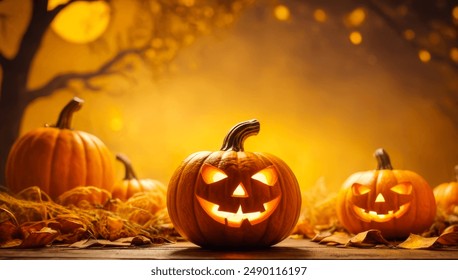 Halloween event background with charming upscale pumpkins. Premium illustration for banners, posters, greetings and Halloween celebrations.